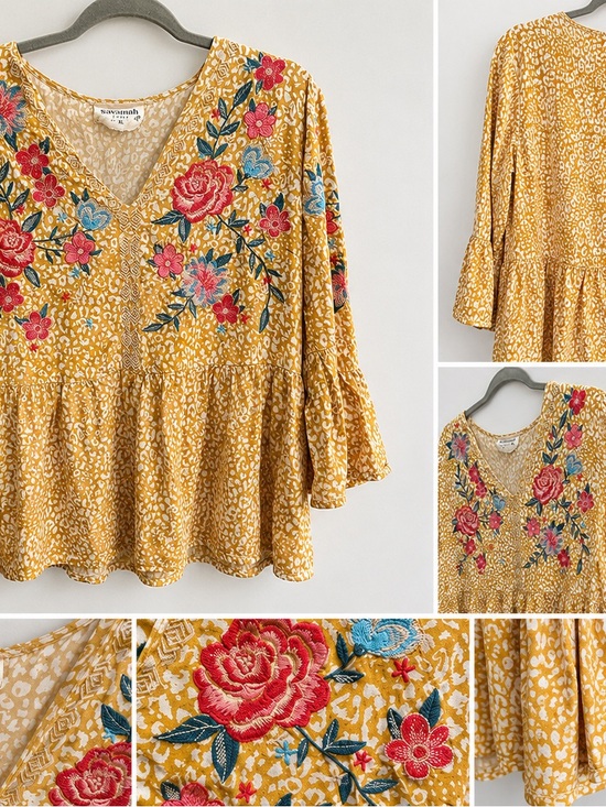 Savannah Tops - Savannah Mustard Floral Embroidered Peplum Tunic